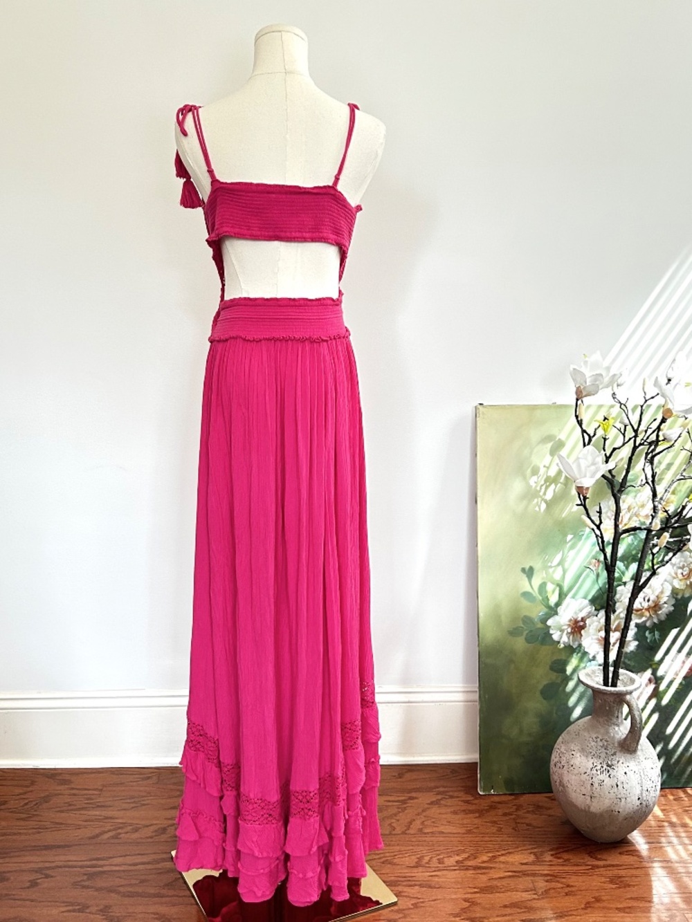 Free People Santa Maria Maxi Dress XL Love Pink Crochet Lace Open Back Boho - Picture 6 of 14